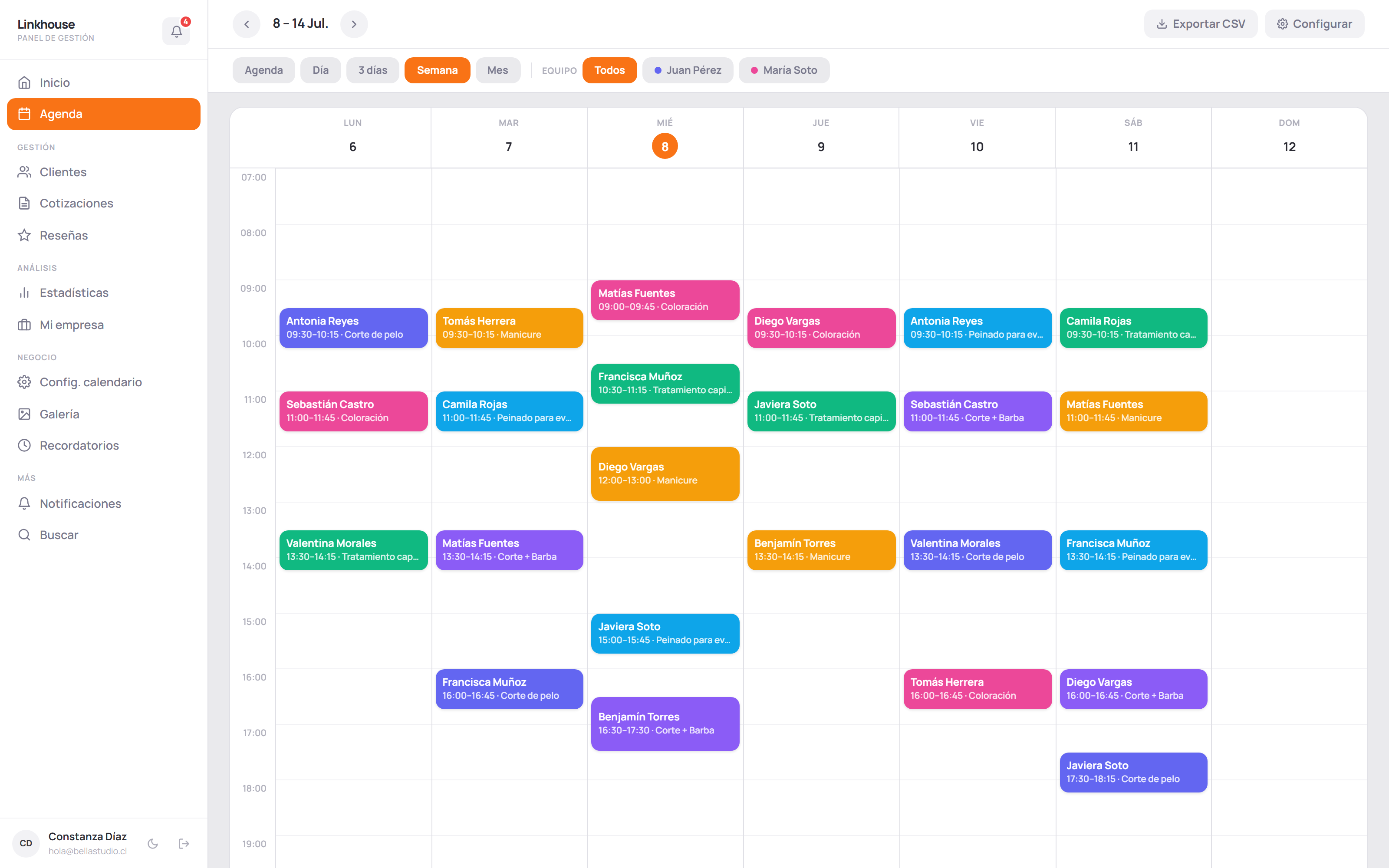 Agenda semanal de Linkhouse con reservas confirmadas por servicio