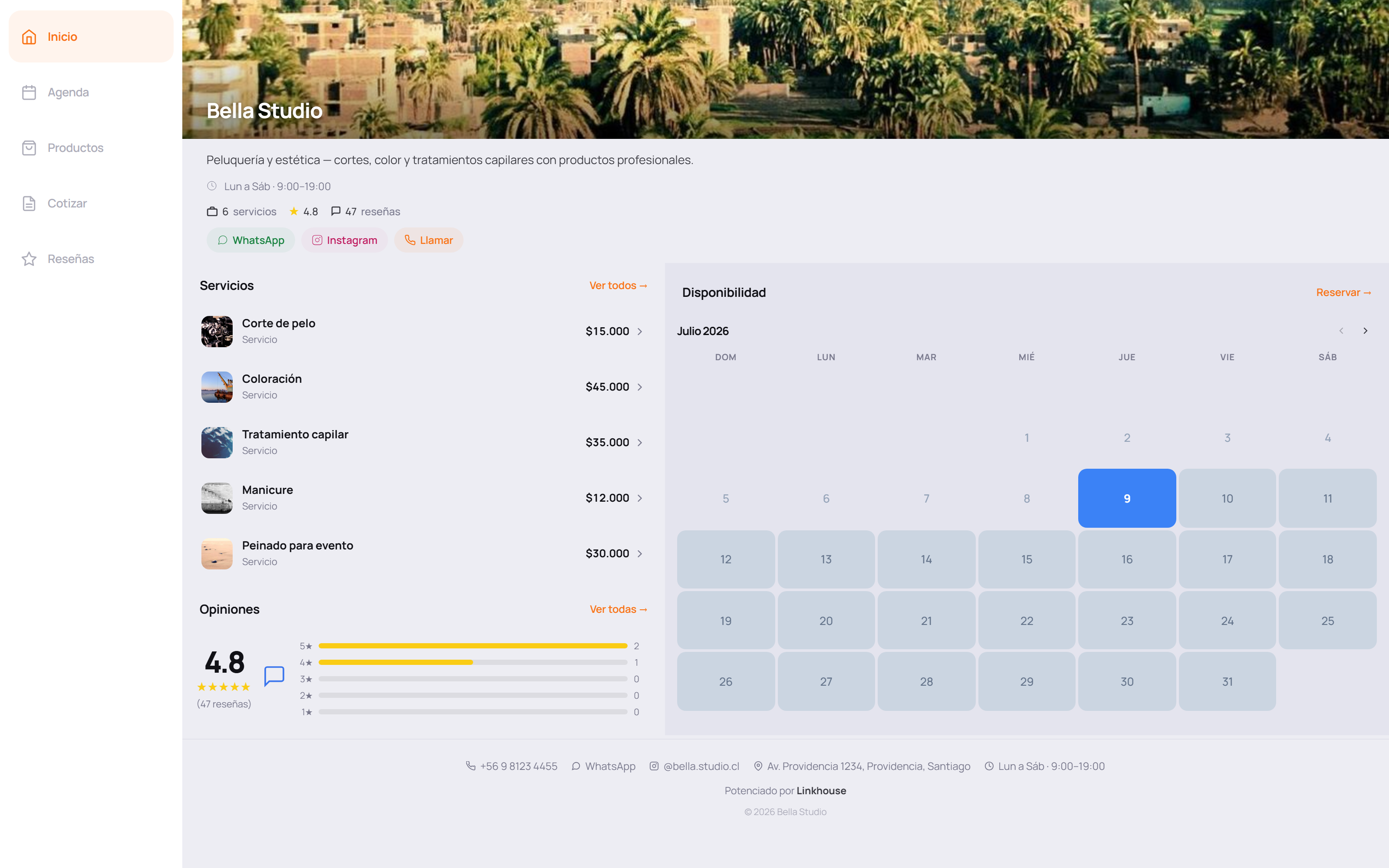 Portal público de un negocio en Linkhouse, con servicios, calendario de disponibilidad y reseñas